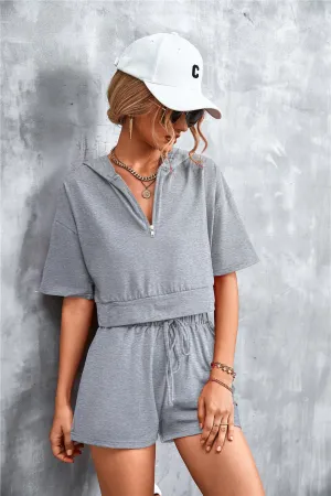Stylish Half-Zip Hooded Cropped Tee & Shorts Co-ord Set