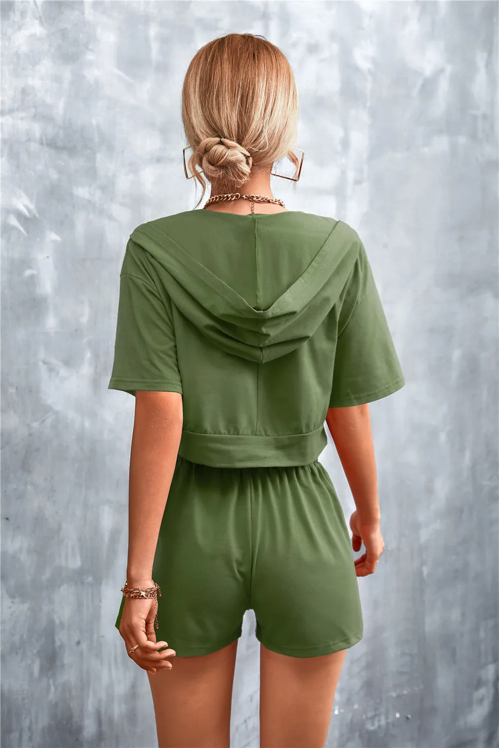 Stylish Half-Zip Hooded Cropped Tee & Shorts Co-ord Set