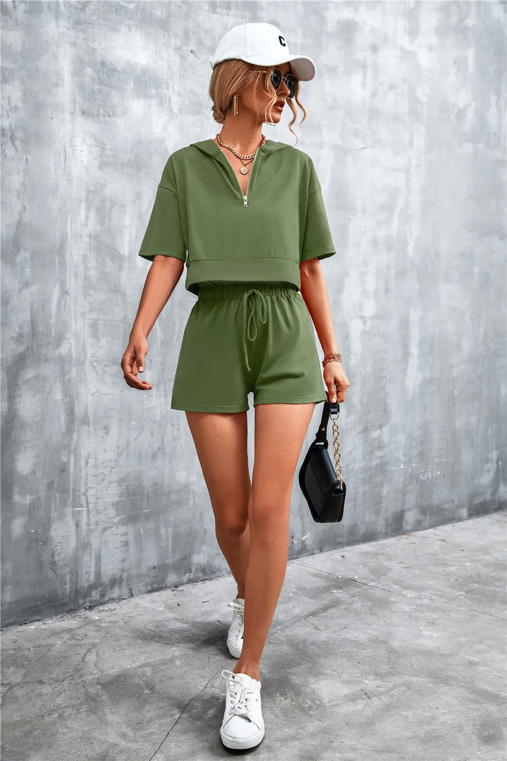 Stylish Half-Zip Hooded Cropped Tee & Shorts Co-ord Set