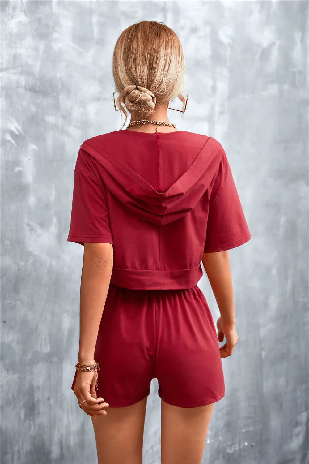 Stylish Half-Zip Hooded Cropped Tee & Shorts Co-ord Set