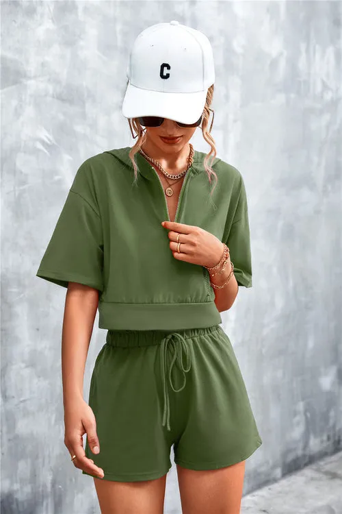 Stylish Half-Zip Hooded Cropped Tee & Shorts Co-ord Set