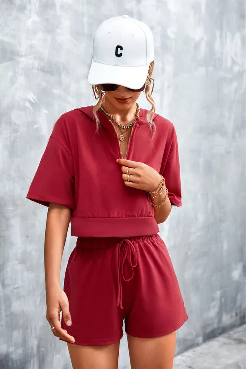 Stylish Half-Zip Hooded Cropped Tee & Shorts Co-ord Set