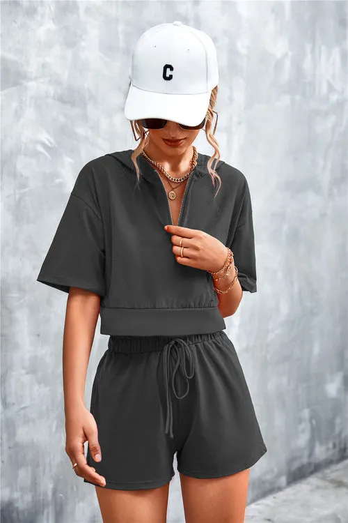 Stylish Half-Zip Hooded Cropped Tee & Shorts Co-ord Set