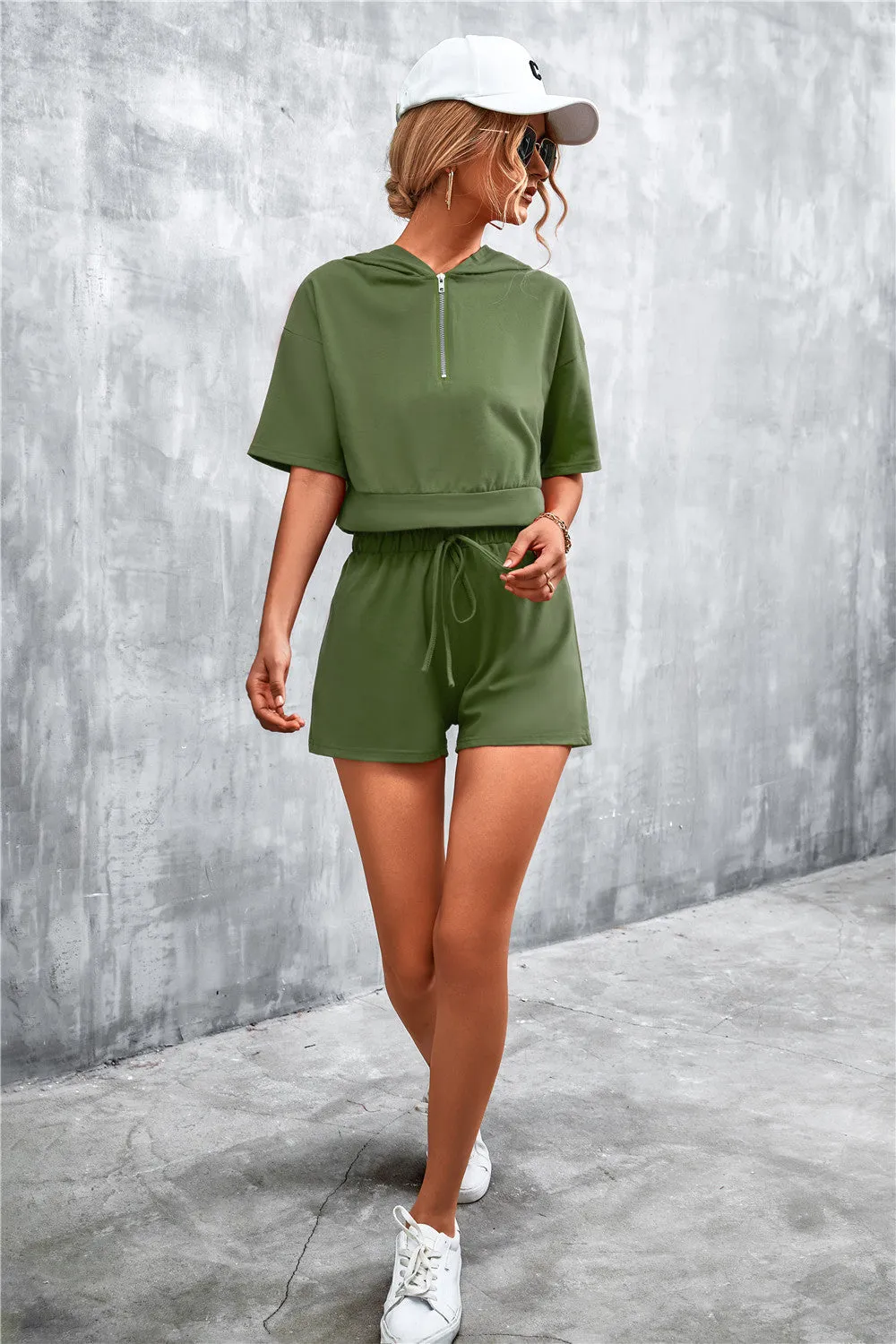Stylish Half-Zip Hooded Cropped Tee & Shorts Co-ord Set