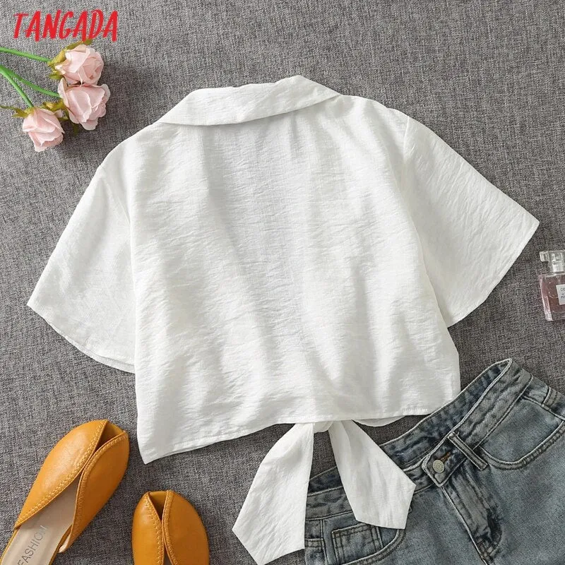 Tangada Women Retro White Bow Crop Shirt Short Sleeve 2021 Summer Chic