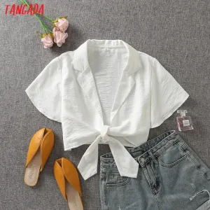 Tangada Women Retro White Bow Crop Shirt Short Sleeve 2021 Summer Chic