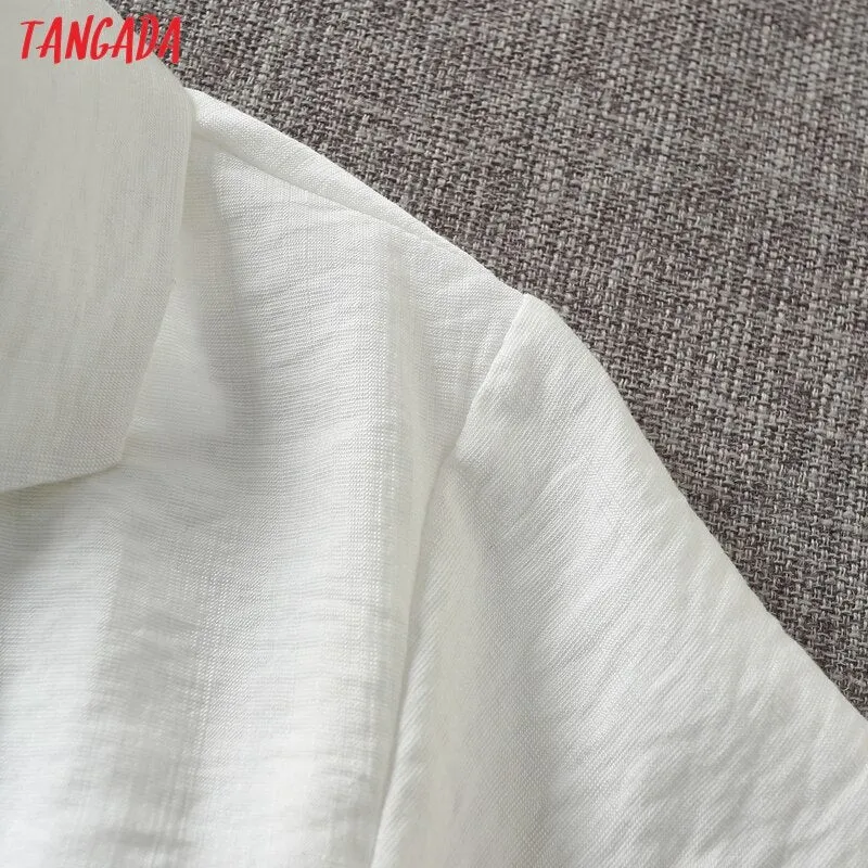Tangada Women Retro White Bow Crop Shirt Short Sleeve 2021 Summer Chic