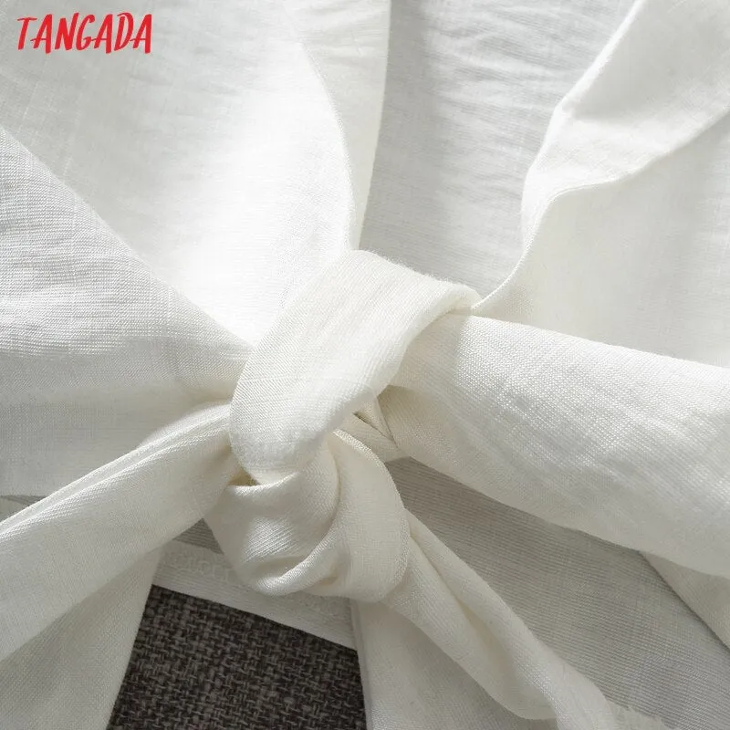 Tangada Women Retro White Bow Crop Shirt Short Sleeve 2021 Summer Chic