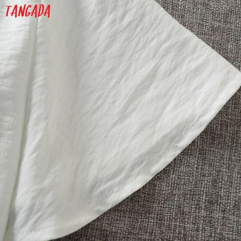 Tangada Women Retro White Bow Crop Shirt Short Sleeve 2021 Summer Chic