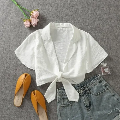 Tangada Women Retro White Bow Crop Shirt Short Sleeve 2021 Summer Chic