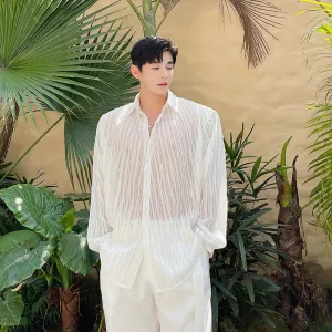 Translucent Loose Casual White Long Sleeve Shirt
