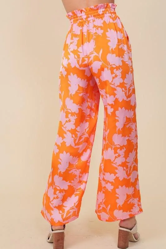 Tropical Print Wide Pants with Self Tie Drawstring
