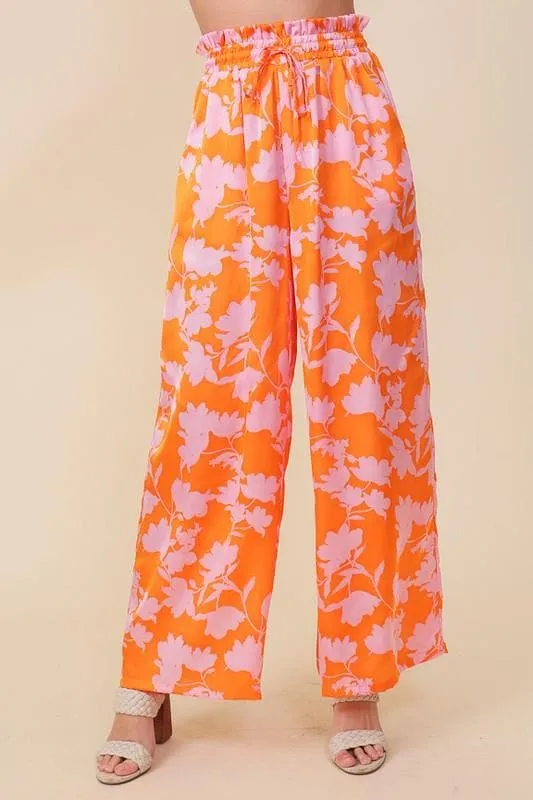 Tropical Print Wide Pants with Self Tie Drawstring