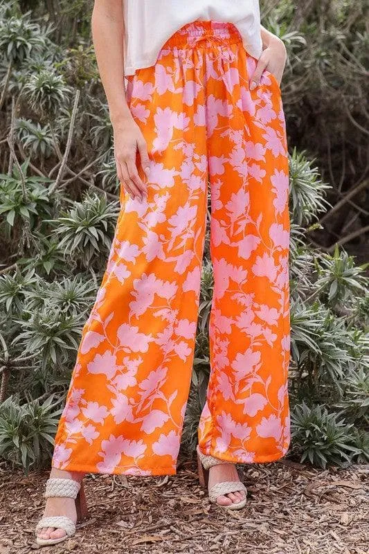 Tropical Print Wide Pants with Self Tie Drawstring