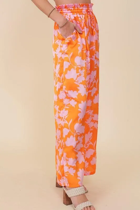 Tropical Print Wide Pants with Self Tie Drawstring