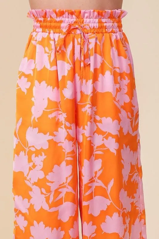 Tropical Print Wide Pants with Self Tie Drawstring