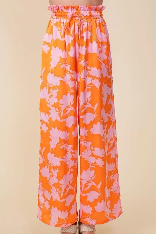 Tropical Print Wide Pants with Self Tie Drawstring