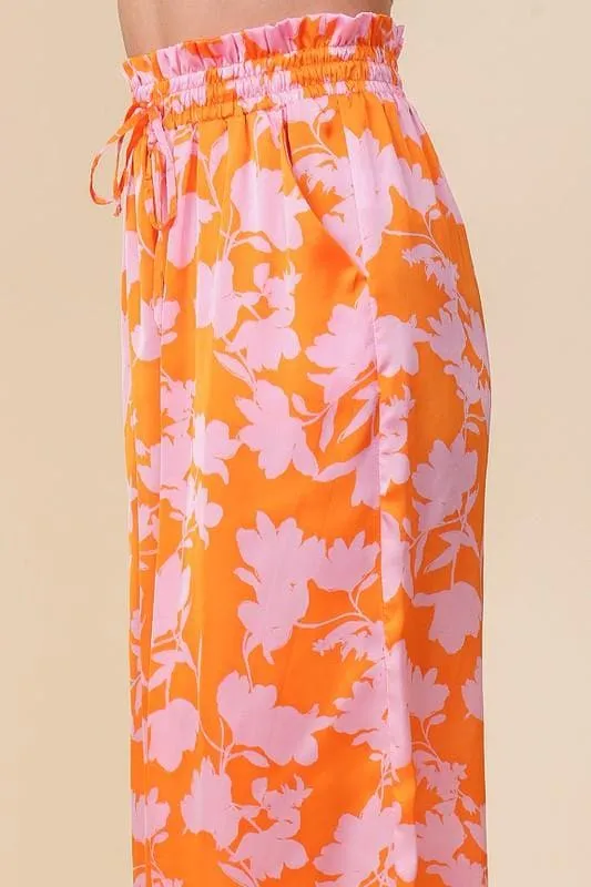 Tropical Print Wide Pants with Self Tie Drawstring