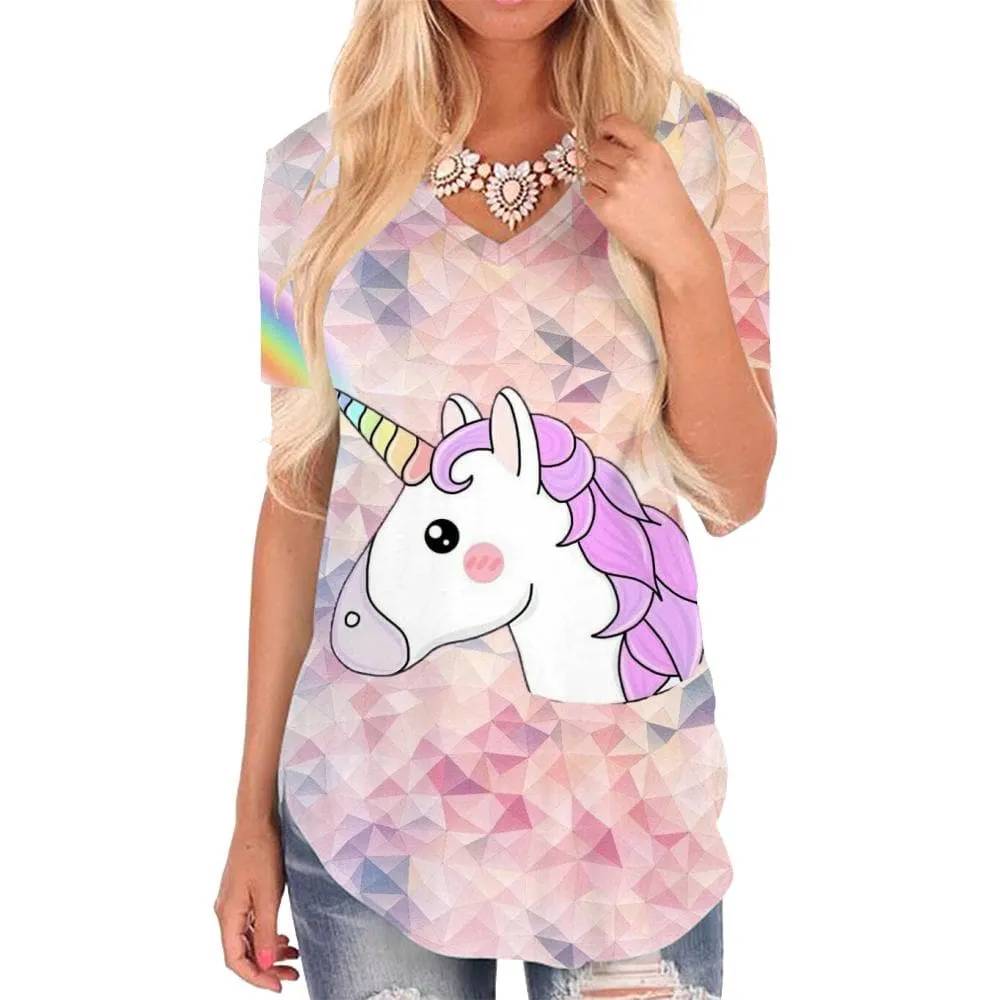 Unicorn T-shirt women Rainbow Funny T shirts Animal Tshirts Printed Colorful V-neck Tshirt