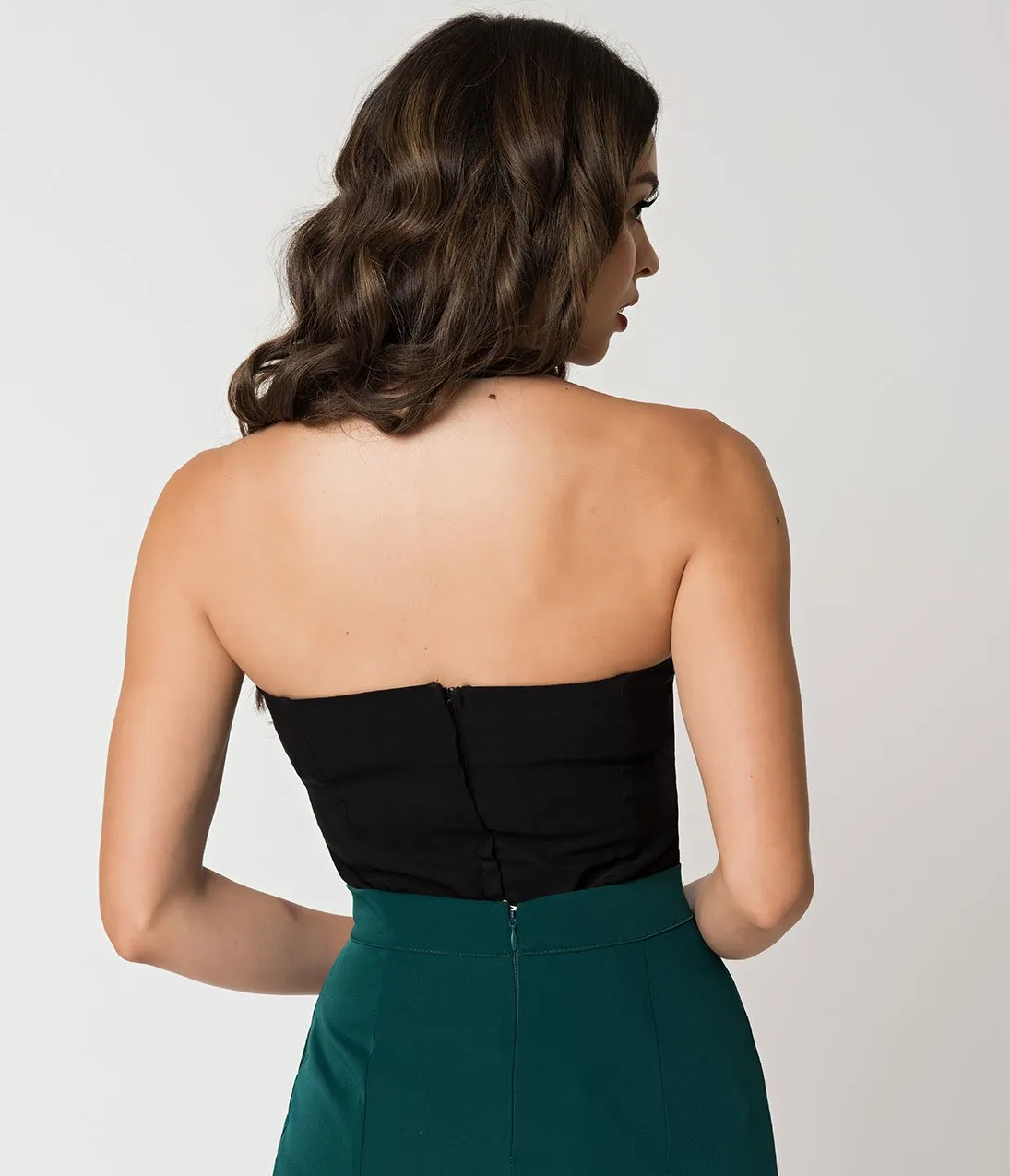 Unique Vintage Black Stretch Rita Criss Cross Halter Top
