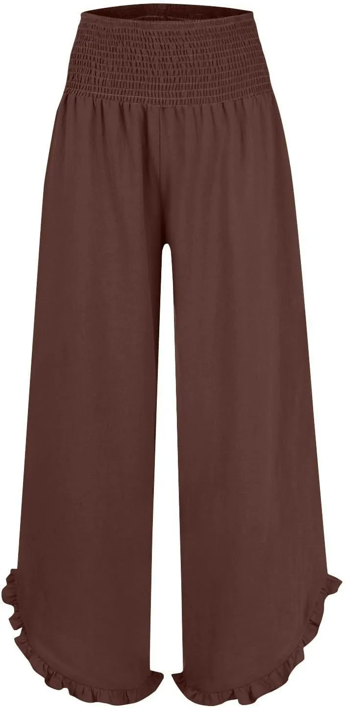 Wide Leg Linen Pants for Women Elastic High Waisted Tummy Control Ruffles Palazzo Pants Casual Summer Flowy Beach Trousers