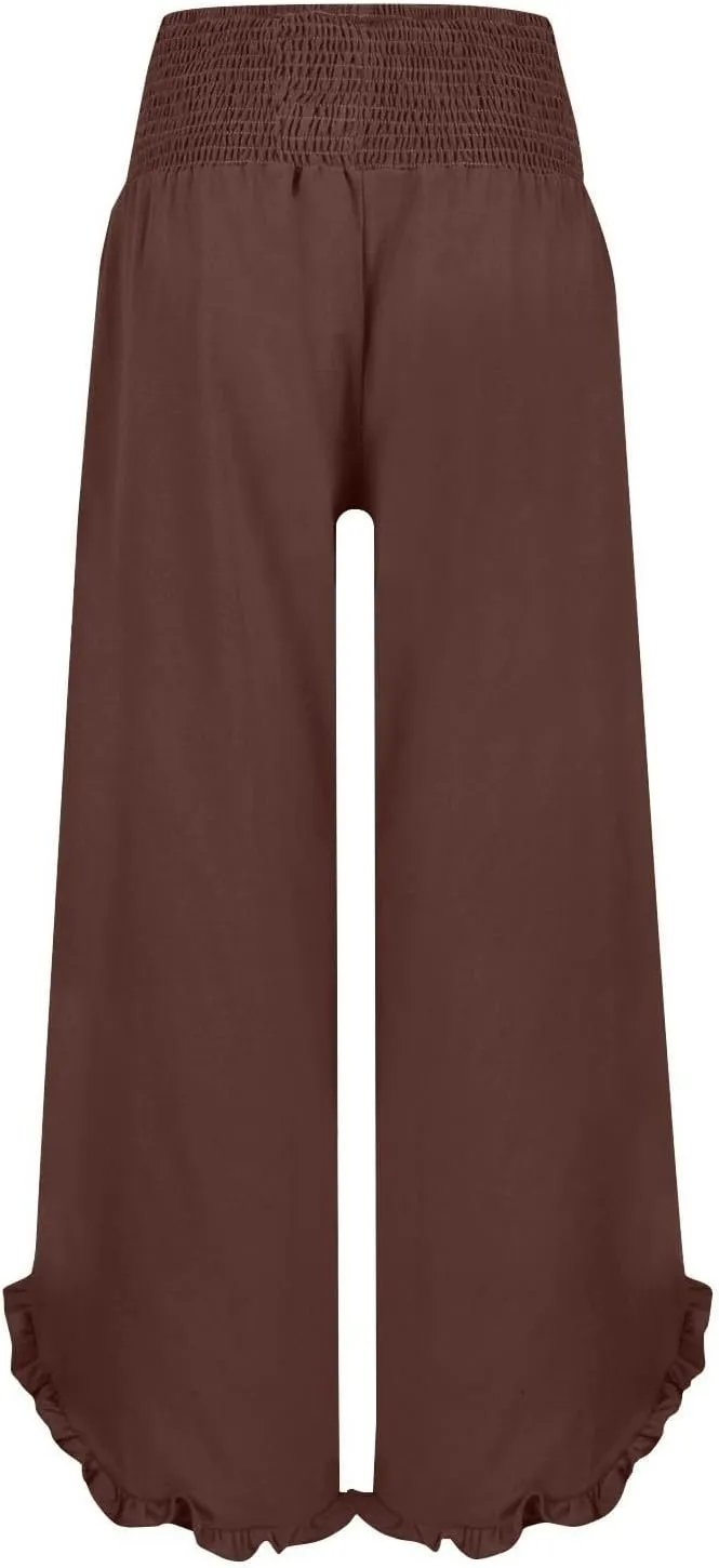 Wide Leg Linen Pants for Women Elastic High Waisted Tummy Control Ruffles Palazzo Pants Casual Summer Flowy Beach Trousers