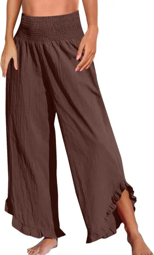 Wide Leg Linen Pants for Women Elastic High Waisted Tummy Control Ruffles Palazzo Pants Casual Summer Flowy Beach Trousers