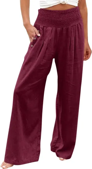 Wide Leg Pants for Women Linen Palazzo Pants Summer Boho High Waist Casual Lounge 2025 Beach Travel Vacation Pant