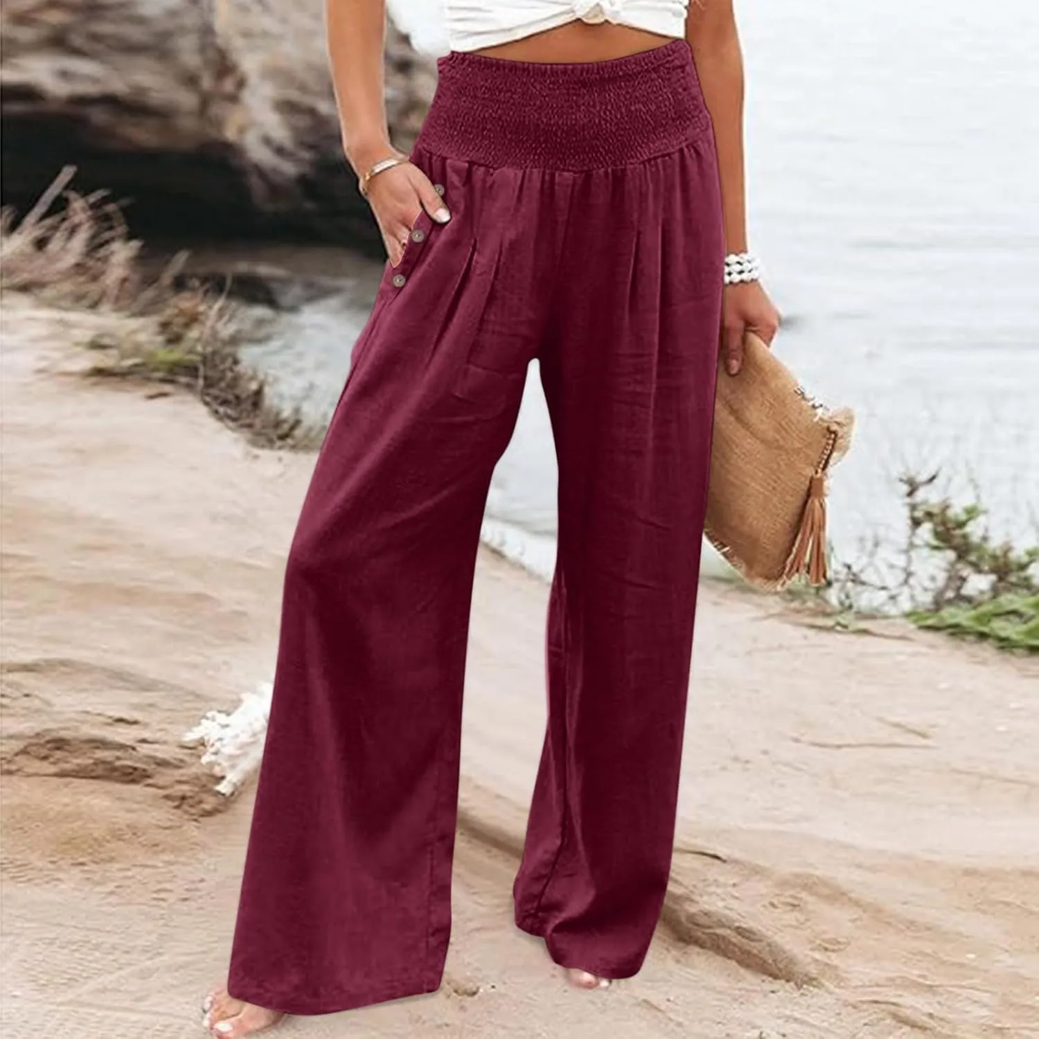 Wide Leg Pants for Women Linen Palazzo Pants Summer Boho High Waist Casual Lounge 2025 Beach Travel Vacation Pant