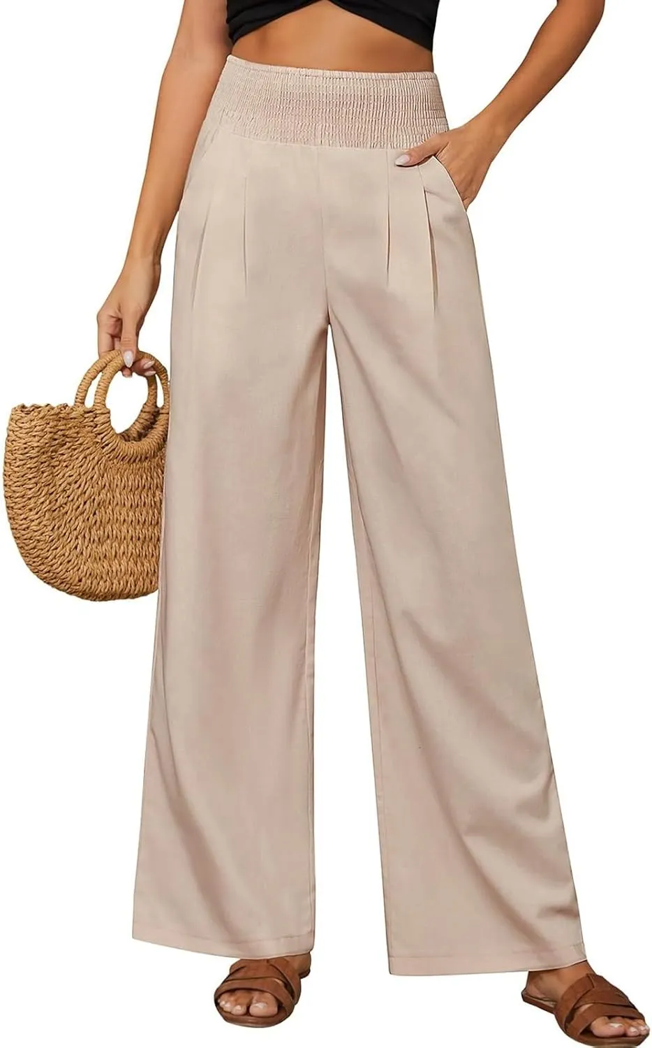 Wide Leg Pants for Women Yoga Work Pants with Pocketsc Pull on High Waist Lounge Sweatpants Casual Loose Dress Pants