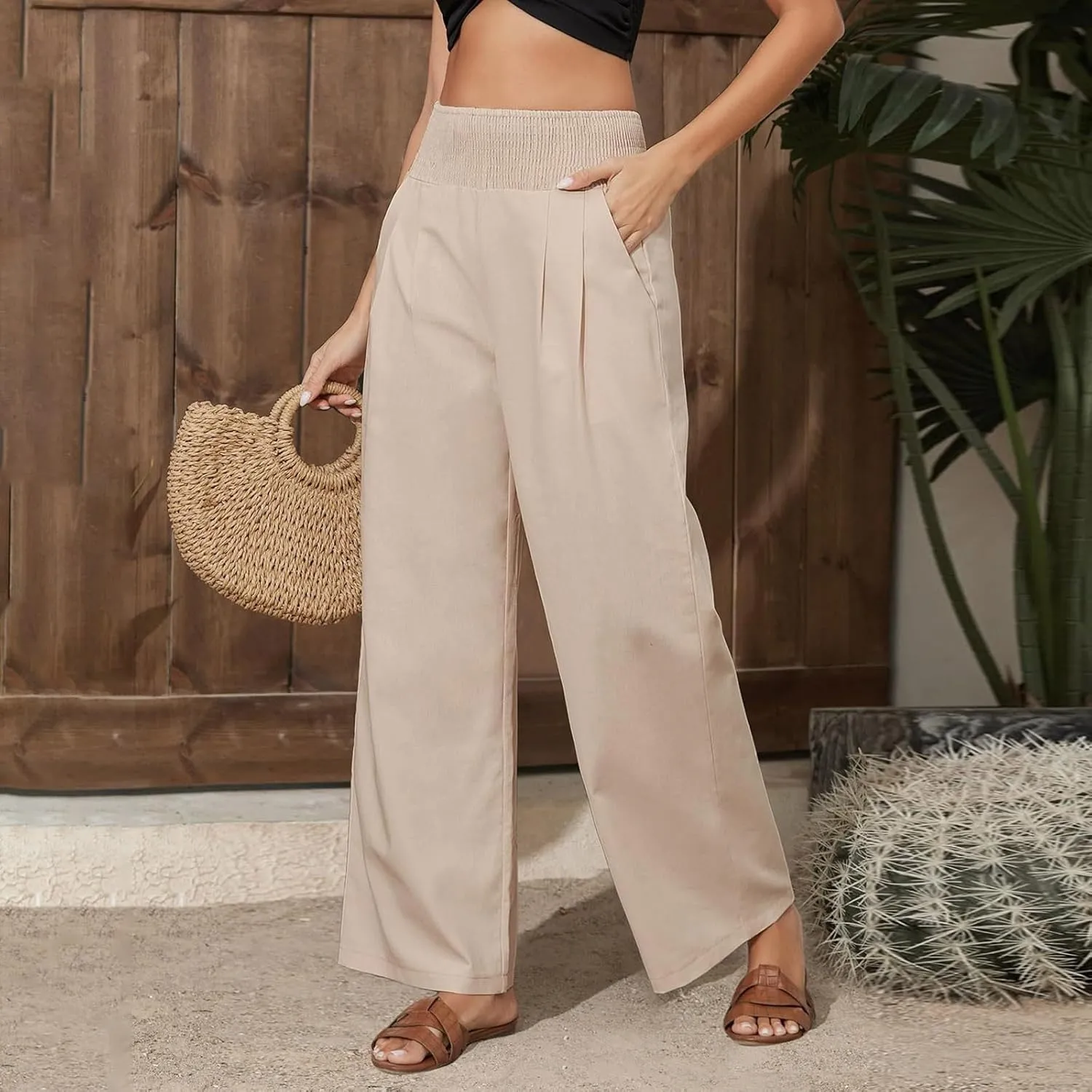 Wide Leg Pants for Women Yoga Work Pants with Pocketsc Pull on High Waist Lounge Sweatpants Casual Loose Dress Pants