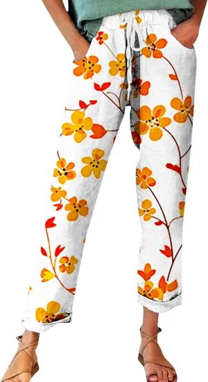 Women's Linen Blend Drawstring Relaxed Fit Wide Leg Pant High Waist Flowy Summer Beach Drawstring Pant Trouser
