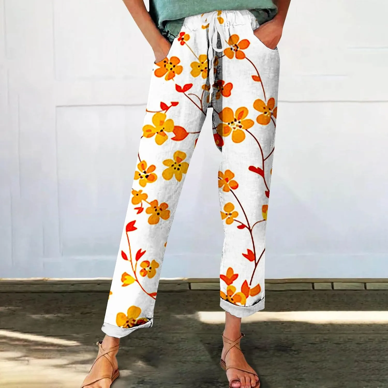 Women's Linen Blend Drawstring Relaxed Fit Wide Leg Pant High Waist Flowy Summer Beach Drawstring Pant Trouser