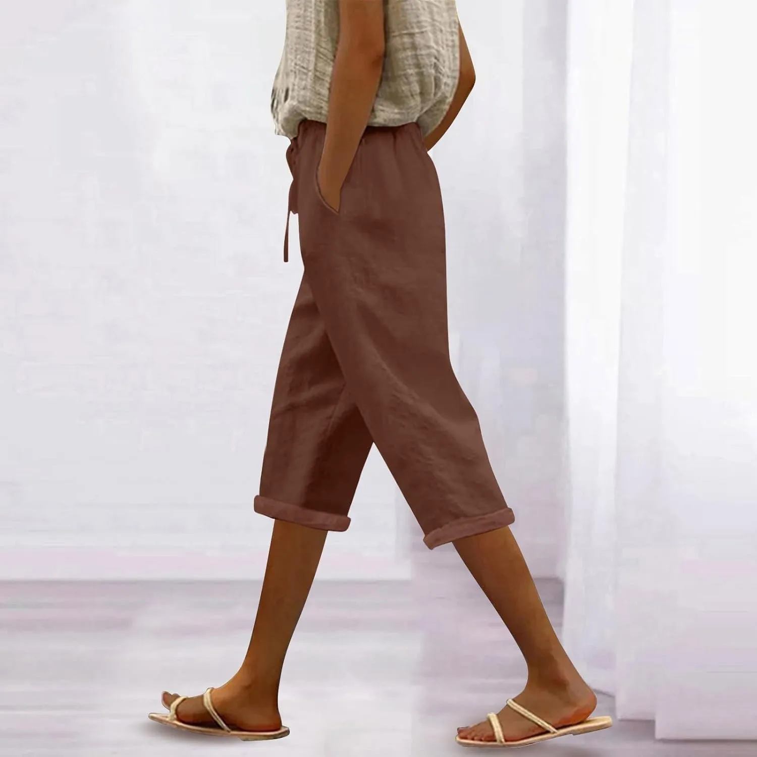 Women's Linen Capri Summer Solid Color Causal Bermuda Elastic Waist Petite Pants Workout Lounge Beach Leisure Shorts