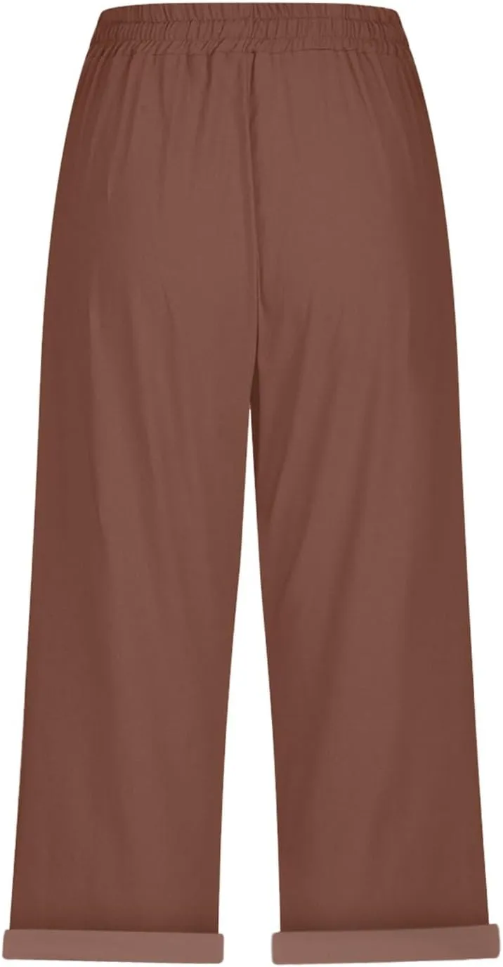 Women's Linen Capri Summer Solid Color Causal Bermuda Elastic Waist Petite Pants Workout Lounge Beach Leisure Shorts
