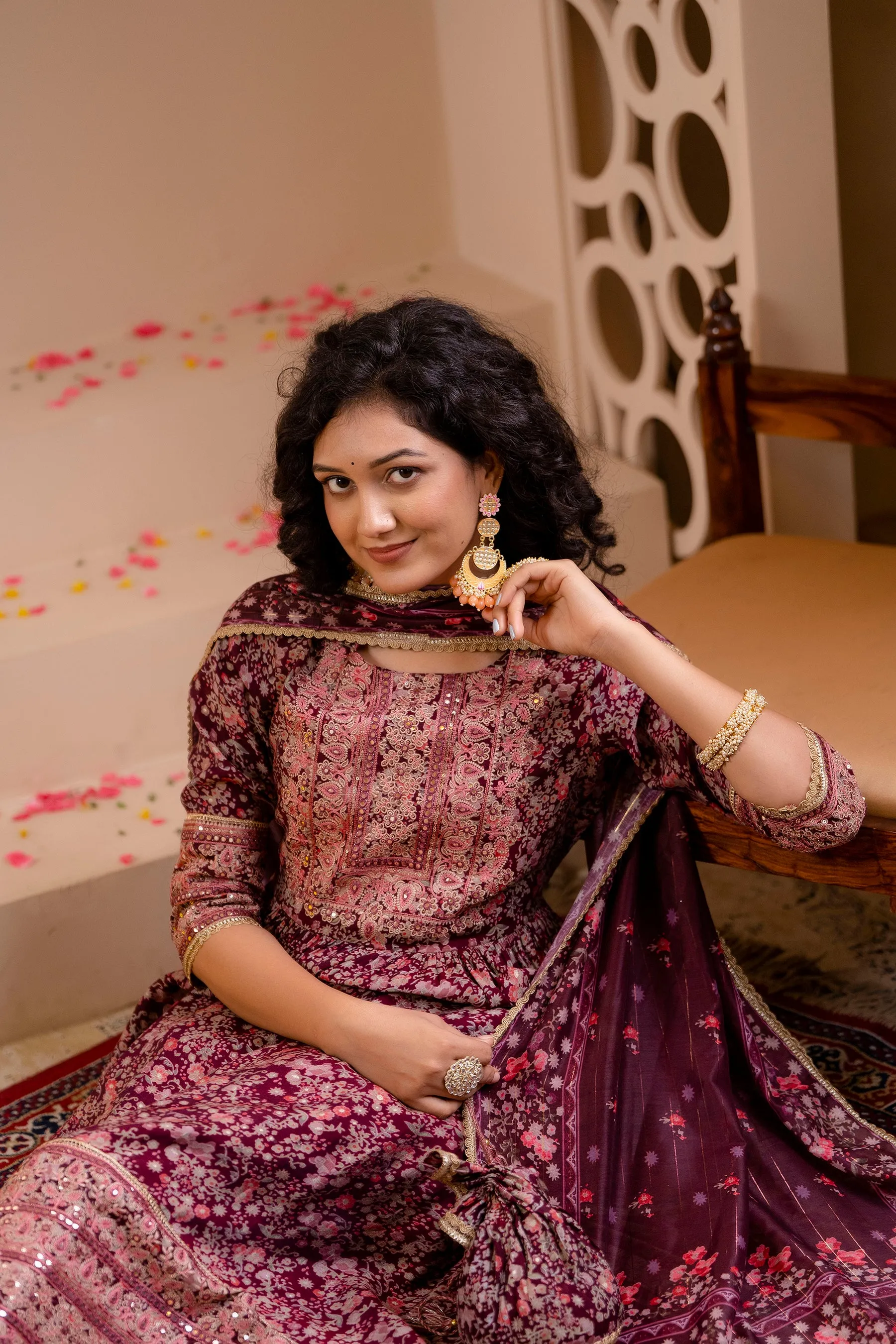 Women's Muslin Maroon Nyara Cut A-Line Ethnic Set