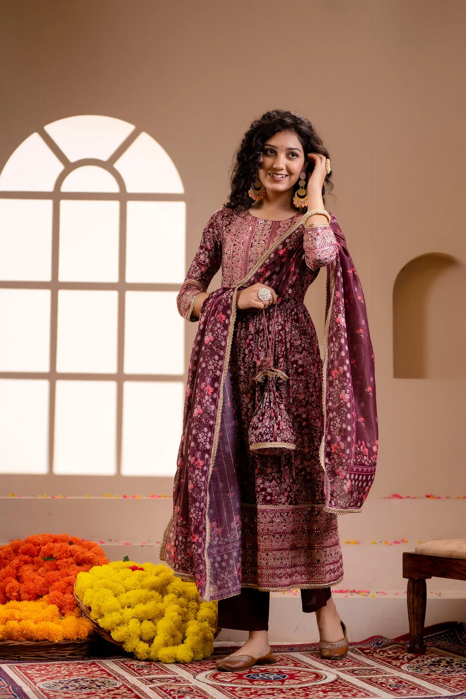 Women's Muslin Maroon Nyara Cut A-Line Ethnic Set