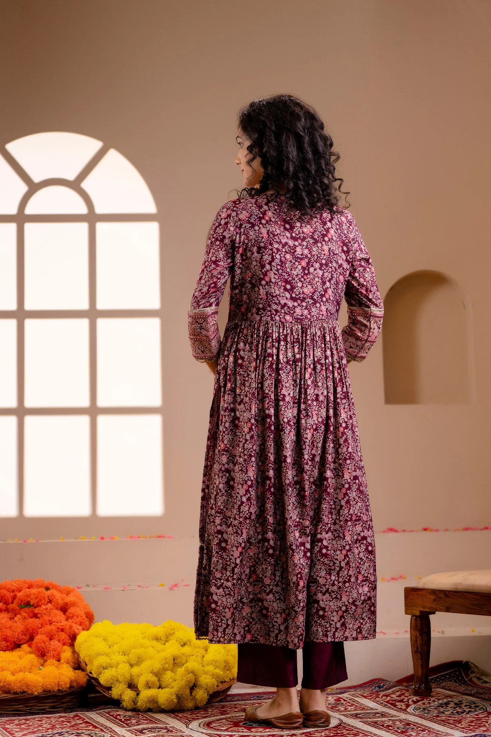 Women's Muslin Maroon Nyara Cut A-Line Ethnic Set