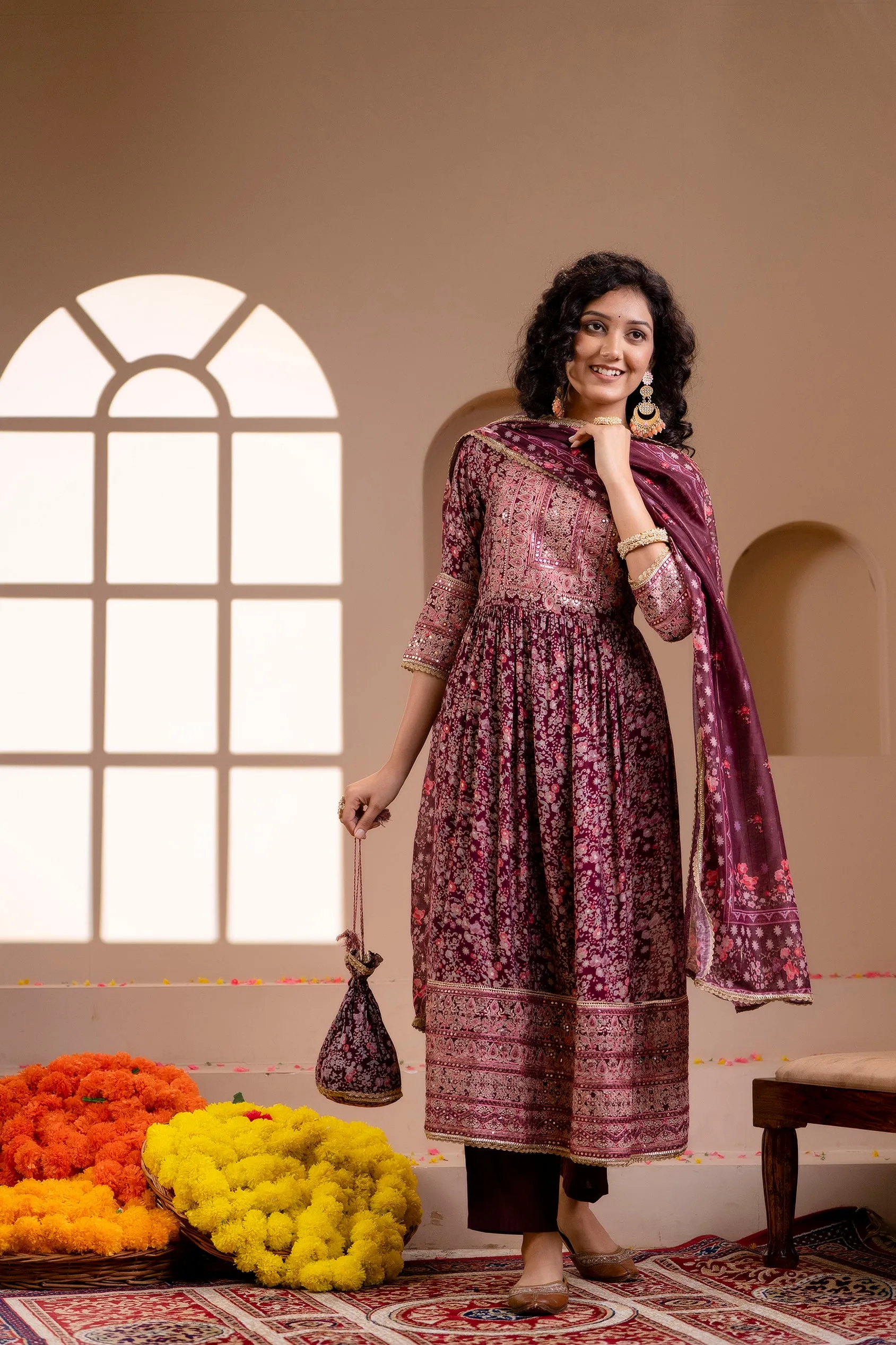 Women's Muslin Maroon Nyara Cut A-Line Ethnic Set