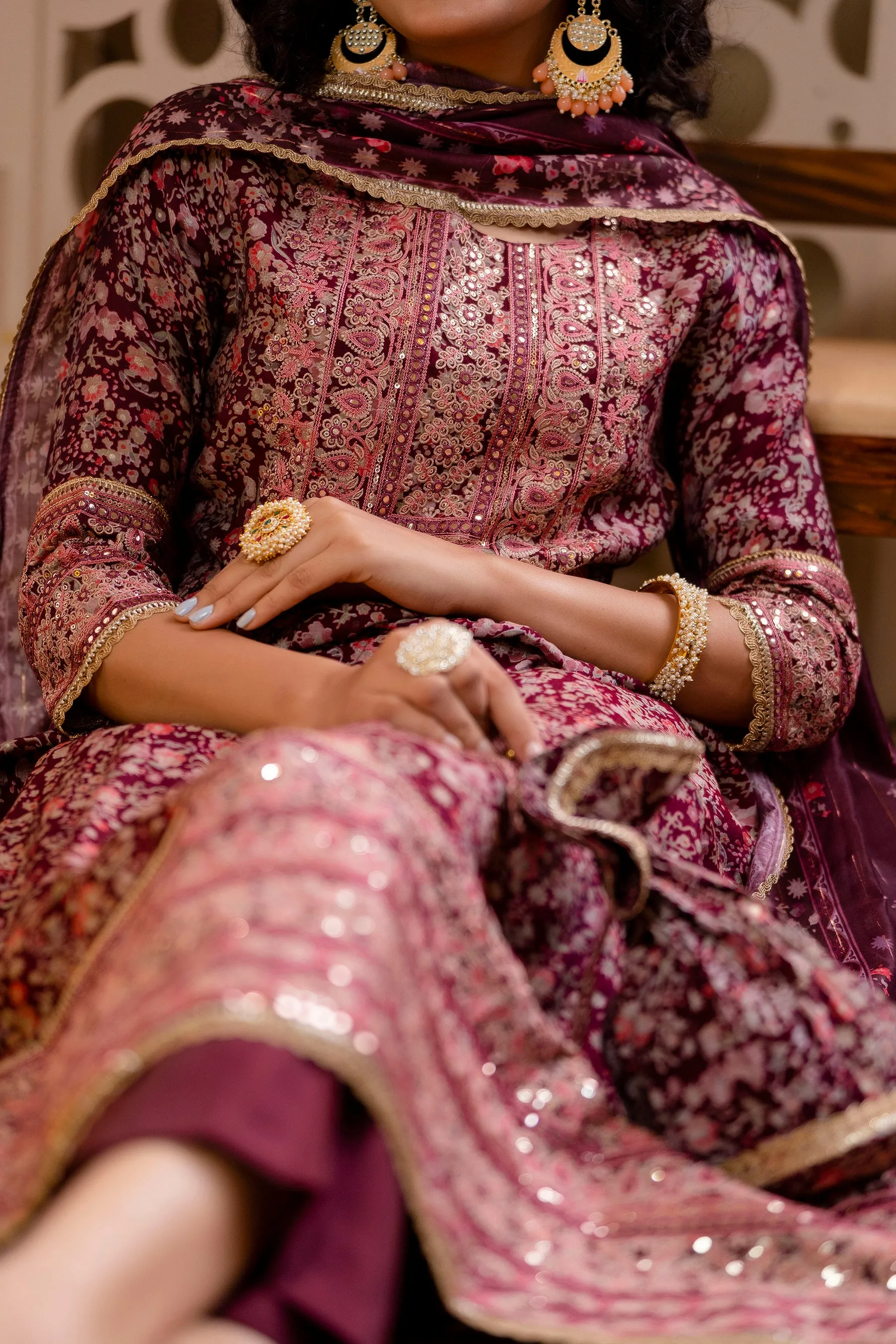 Women's Muslin Maroon Nyara Cut A-Line Ethnic Set