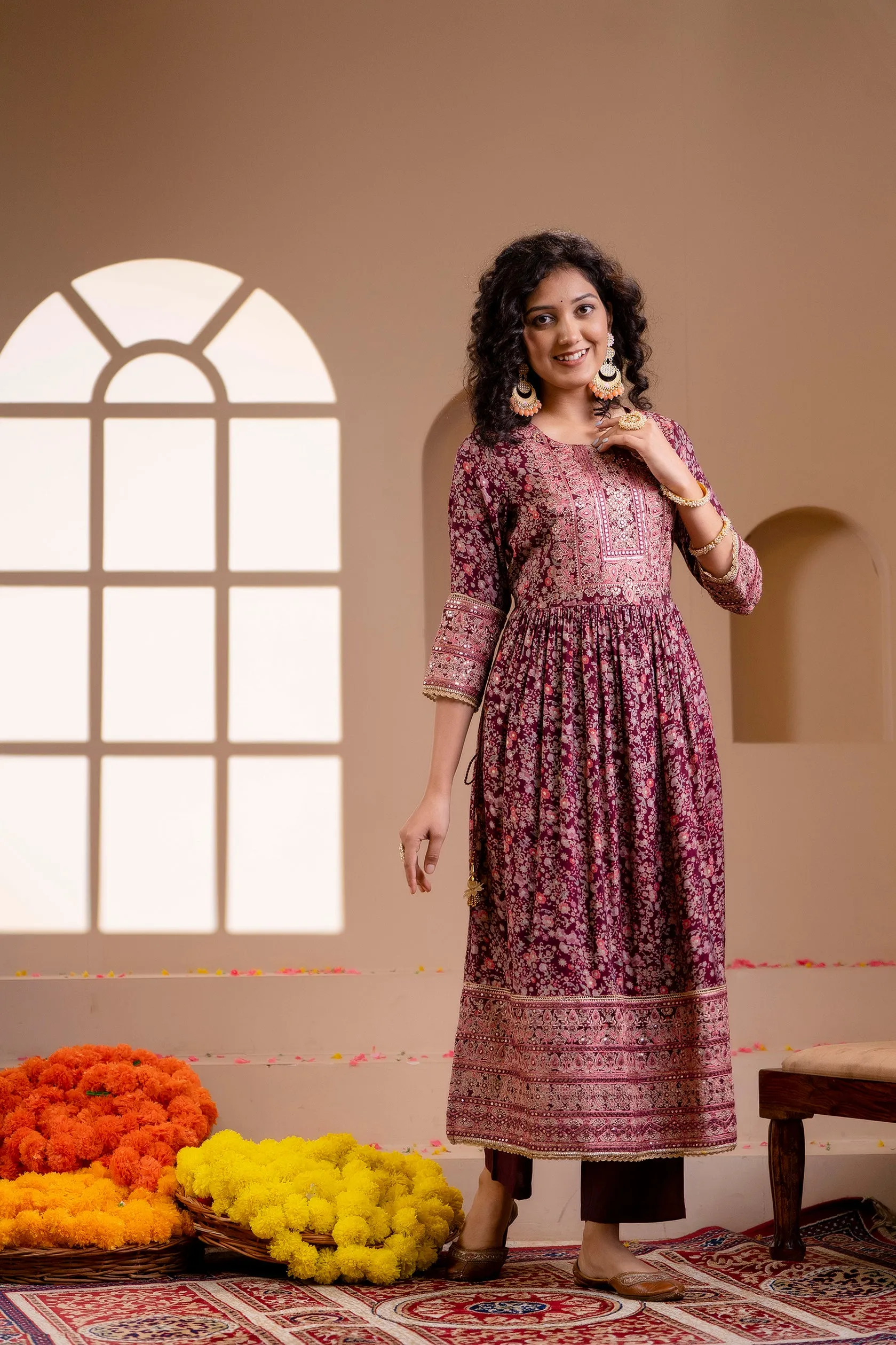 Women's Muslin Maroon Nyara Cut A-Line Ethnic Set