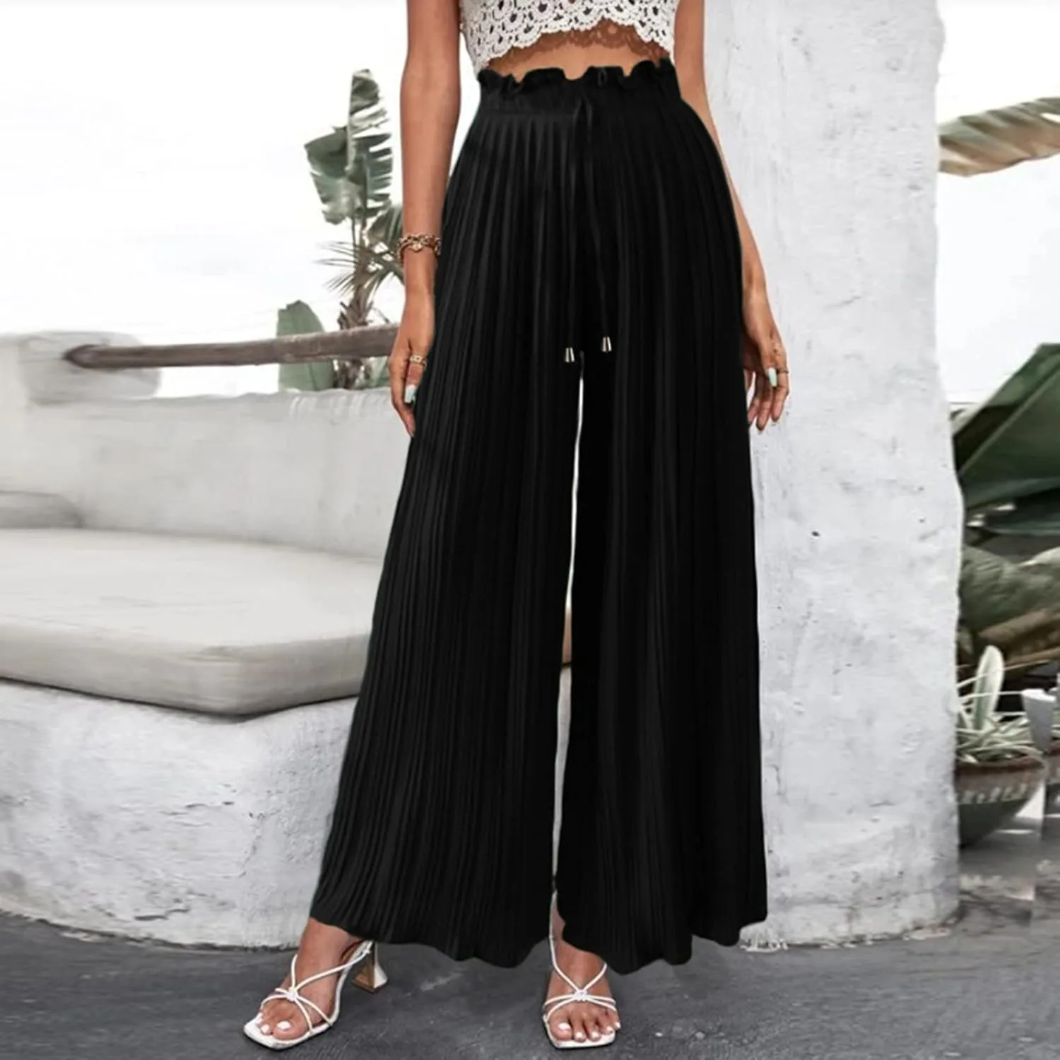 Womens Wide Leg Palazzo Pants High Waisted Pant Smocked Pleated Loose Fit Casual Trousers Elastic Waist Pants for