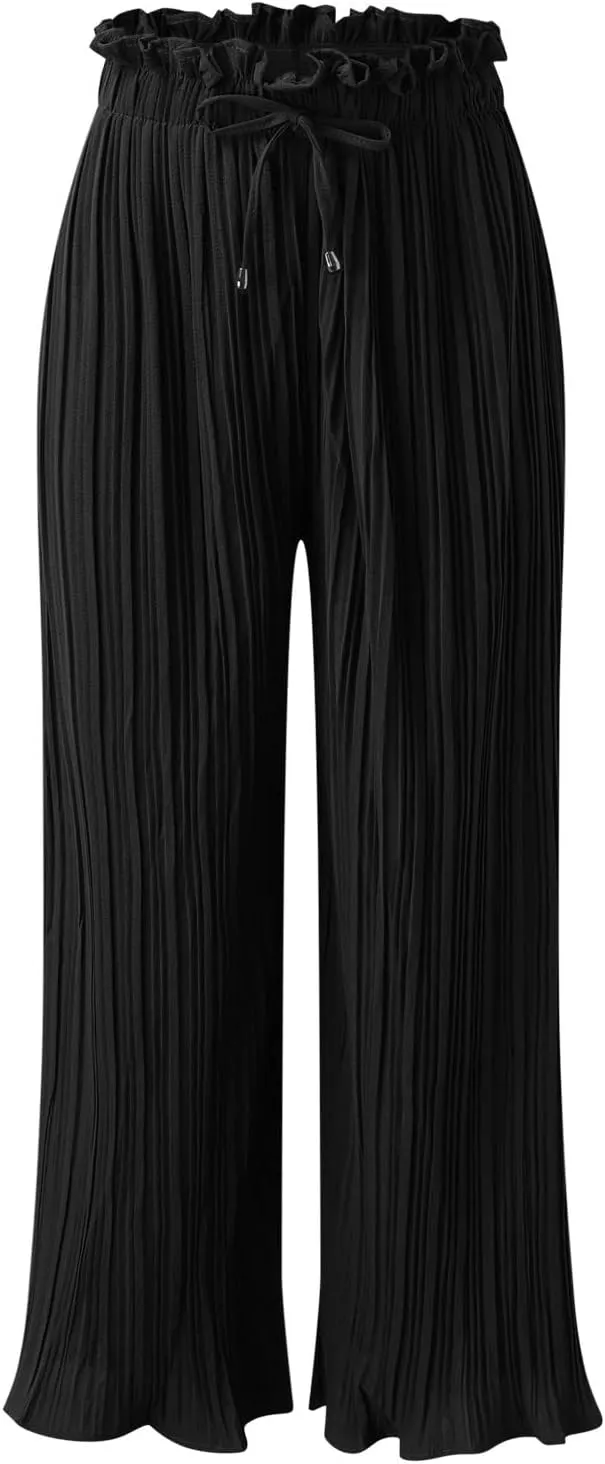 Womens Wide Leg Palazzo Pants High Waisted Pant Smocked Pleated Loose Fit Casual Trousers Elastic Waist Pants for