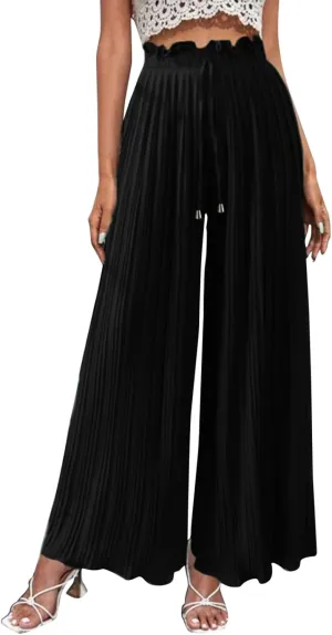 Womens Wide Leg Palazzo Pants High Waisted Pant Smocked Pleated Loose Fit Casual Trousers Elastic Waist Pants for