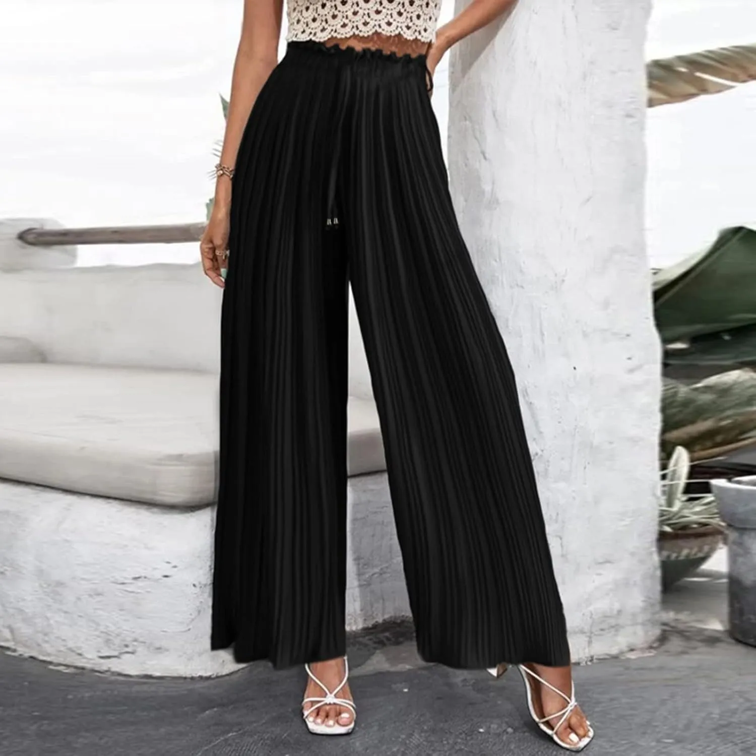 Womens Wide Leg Palazzo Pants High Waisted Pant Smocked Pleated Loose Fit Casual Trousers Elastic Waist Pants for