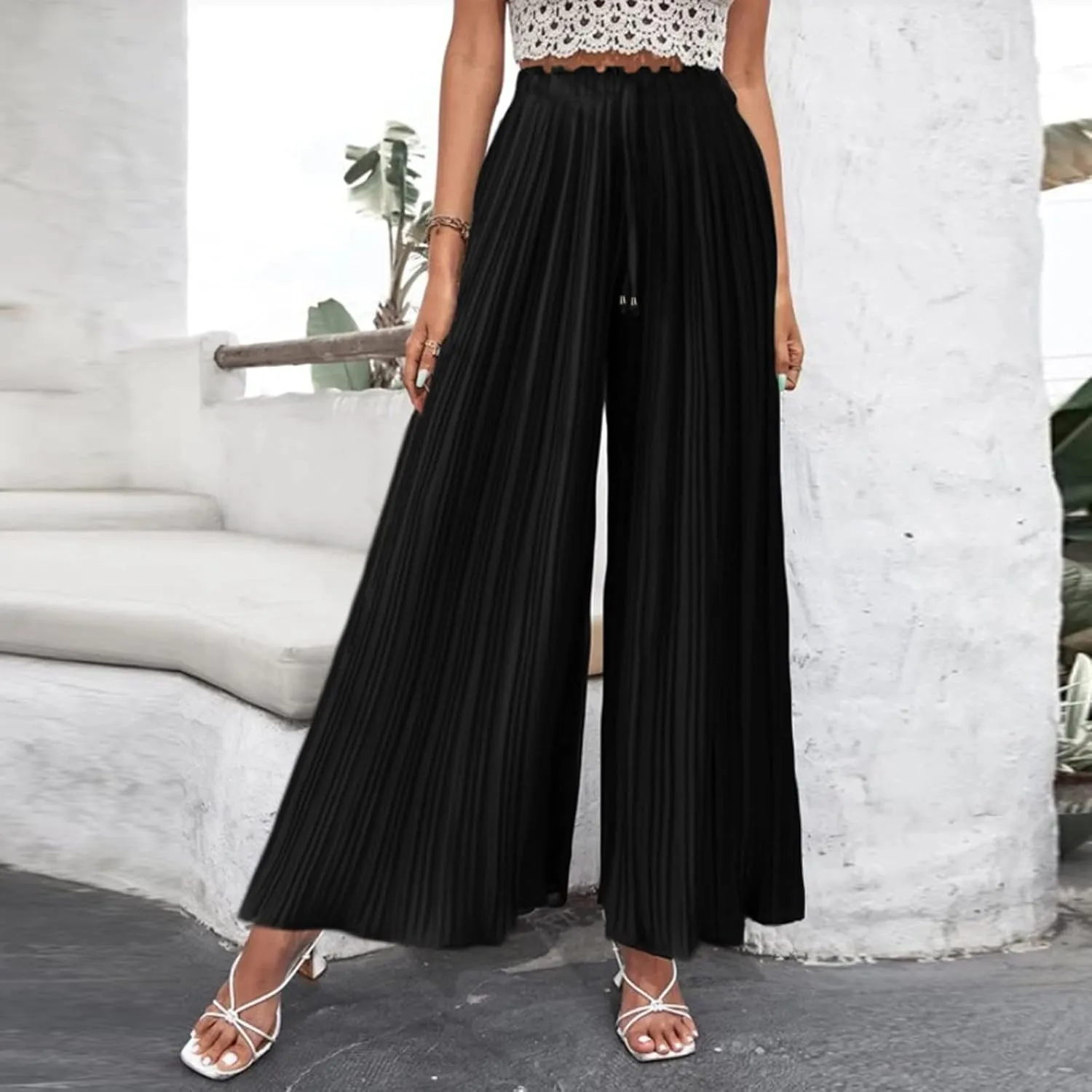 Womens Wide Leg Palazzo Pants High Waisted Pant Smocked Pleated Loose Fit Casual Trousers Elastic Waist Pants for
